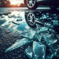 Pieces of broken glass lying in a puddle on the road. Royalty Free Stock Photo