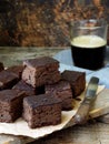 Pieces of cake chocolate brownies on wooden background. selective focus. Royalty Free Stock Photo