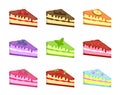 Pieces cake icons set, cartoon style. Cakes of different tastes collection design element. Cheesecake Sweets kit