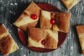 Pieces of catalan sweet flat cake coca de sant joan