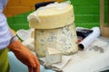 Pieces of cheese with blue mold and hands of seller, market counter. Gastronomic dainty products on market counter, real