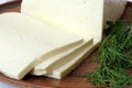 Pieces of cheese from natural milk on a clay plate with a sprig of fresh dill.