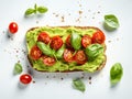 Pieces of cherry tomatoes on a rectangular slice of bread spread with avocado cream Royalty Free Stock Photo