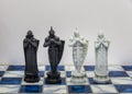A pieces of chess character on the board with a light. A character represents strategy, planning, brave, betrayal, confrontation a