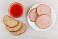 Pieces of chicken sausage, bread, glass of tomato juice Royalty Free Stock Photo