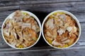 Pieces of Chicken shawarma with yellow Basmati rice, Syrian bread and garlic sauce, selective focus of Shawerma fattah or fatteh, Royalty Free Stock Photo