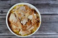 Pieces of Chicken shawarma with yellow Basmati rice, Syrian bread and garlic sauce, selective focus of Shawerma fattah or fatteh, Royalty Free Stock Photo