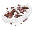Pieces of chocolate bar with milk splashes in a circular motion on a white background Royalty Free Stock Photo