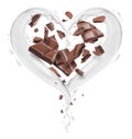 Pieces of chocolate bar with milk splashes in the shape of heart, isolated on a white background Royalty Free Stock Photo