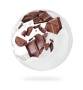 Pieces of chocolate bar with milk splashes in spherical shape, isolated on a white background Royalty Free Stock Photo