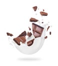 Pieces of chocolate bar with milk splashes on a white background Royalty Free Stock Photo