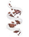 Pieces of chocolate bar with swirling milk splashes, isolated on a white background Royalty Free Stock Photo