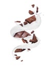 Pieces of chocolate bar with swirling milk splashes on a white background Royalty Free Stock Photo