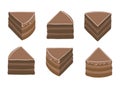 Pieces of chocolate cake. Brown cream topping. Isometric view vector set. Hand drawn sketch.