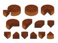 Pieces of chocolate cake. Infographic diagram set. The whole cake and its parts. Pie to separate. Isometric view vector