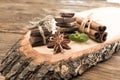 Pieces of chocolate, cinnamon, mint and star anise on the serving Board. Royalty Free Stock Photo