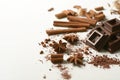 Pieces of chocolate, cinnamon, star anise and cocoa powder on the white background Royalty Free Stock Photo