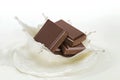 Pieces of chocolate falling into splashing milk on white background Royalty Free Stock Photo