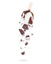 Pieces of chocolate ice cream fall down on white background Royalty Free Stock Photo