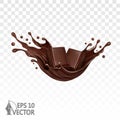 Pieces of Chocolate isolated on white background, pieces with splash, dark syrup