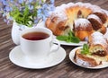 Pieces of chocolate marble cake and coffee on a wooden background Royalty Free Stock Photo