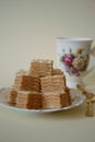 Pieces of chocolate wafer cake on plate Royalty Free Stock Photo