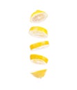 Pieces of chopped Yellow Lemon fruit flying in space on a white background isolate