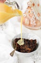 Pieces of Christmas pudding in a bowl