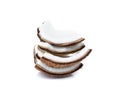 Pieces of coconut shell broken into pieces and stacked on white Royalty Free Stock Photo