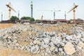 Pieces of concrete and brick rubble debris on construction site