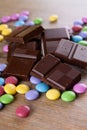 Pieces of dark bitter chocolate and smarties