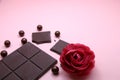 Pieces of dark chocolate bar and milk chocolate pearls and valentines rose on pink background, top view, copy space Royalty Free Stock Photo