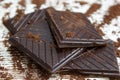 Pieces of dark chocolate with chocolate powder
