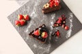 Pieces of delicious chocolate cake with berries on slate plate Royalty Free Stock Photo