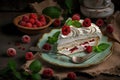 pieces of delicious meringue cake with cream and raspberries on plate