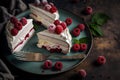 pieces of delicious meringue cake with cream and raspberries on plate