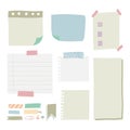 Pieces of different size colorful note, notebook, copybook paper sheets stuck with sticky tape on gray background Royalty Free Stock Photo