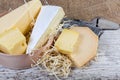 Different varieties of cheese on the old wooden surface Royalty Free Stock Photo