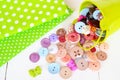 Pieces of fabric and buttons Royalty Free Stock Photo