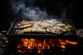 Grilled fish on the flaming grill with smoke on a black background.