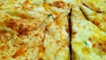 Pieces of baked appetizing pizza four cheese Royalty Free Stock Photo