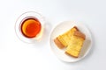 french toast and cup of tea  on white background Royalty Free Stock Photo