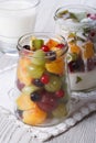 Pieces of fresh fruit with yogurt in a glass jar vertical Royalty Free Stock Photo