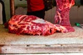 Pieces of fresh raw meat at the food market at Zanzibar Royalty Free Stock Photo