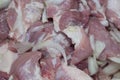 Pieces of fresh raw meat with onion background. Ready to grill