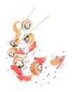Pieces of fresh sushi with ginger frozen in the air Royalty Free Stock Photo