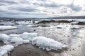 Pieces of freshwater ice at in the water near coast