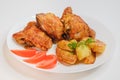 Pieces of fried chicken with fried potatoes and tomatoes on a white plate. POV Royalty Free Stock Photo