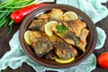 Pieces of fried fish carp on a ceramic plate Royalty Free Stock Photo