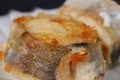 Pieces of fried pollock fish. Shallow depth of field